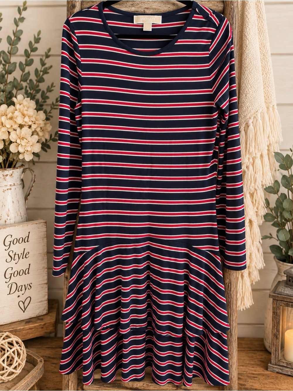 Michael Kors Navy Long-Sleeve Striped Casual Dress